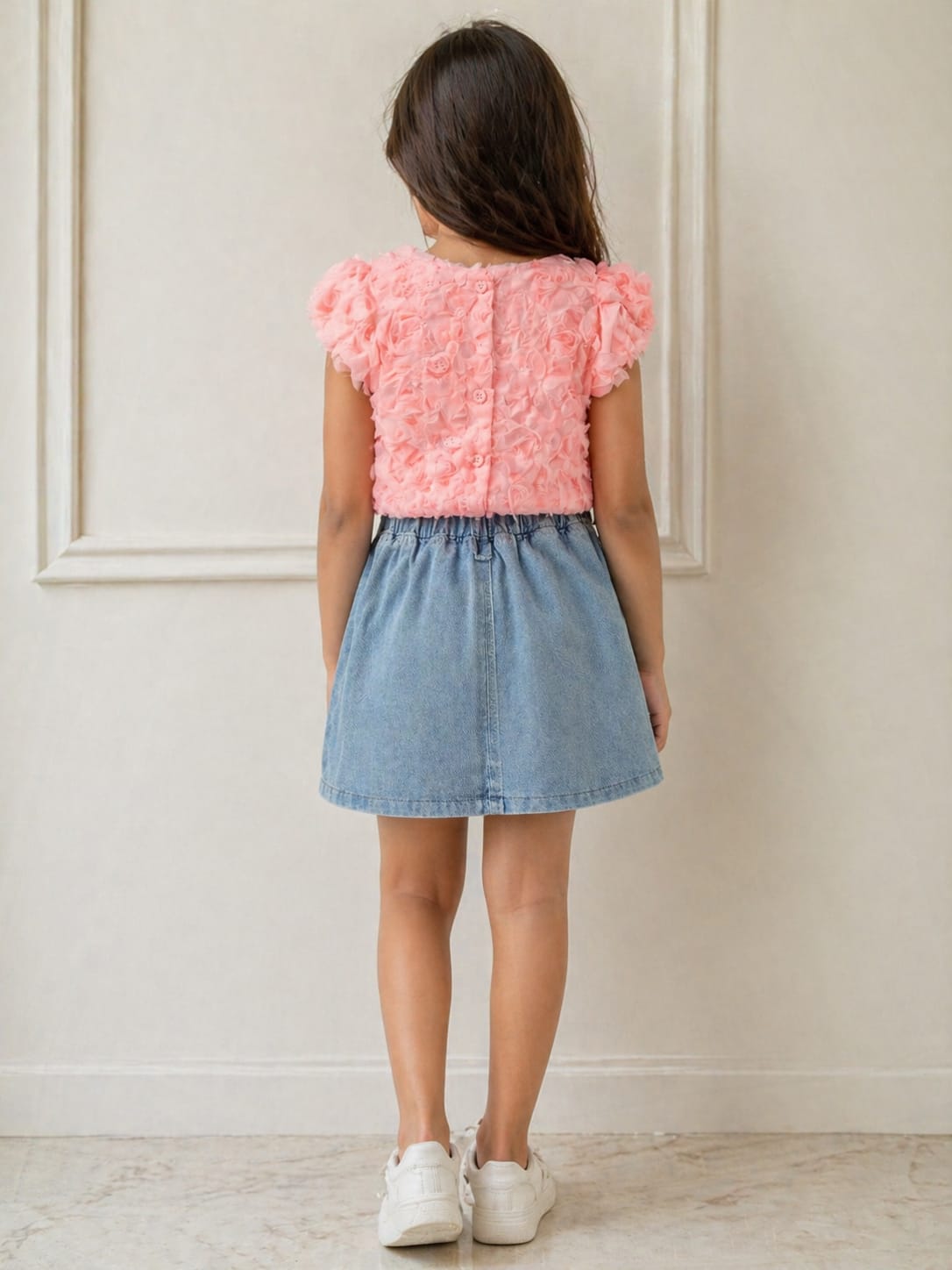 Bubblegum Pink Top with Denim Skirt