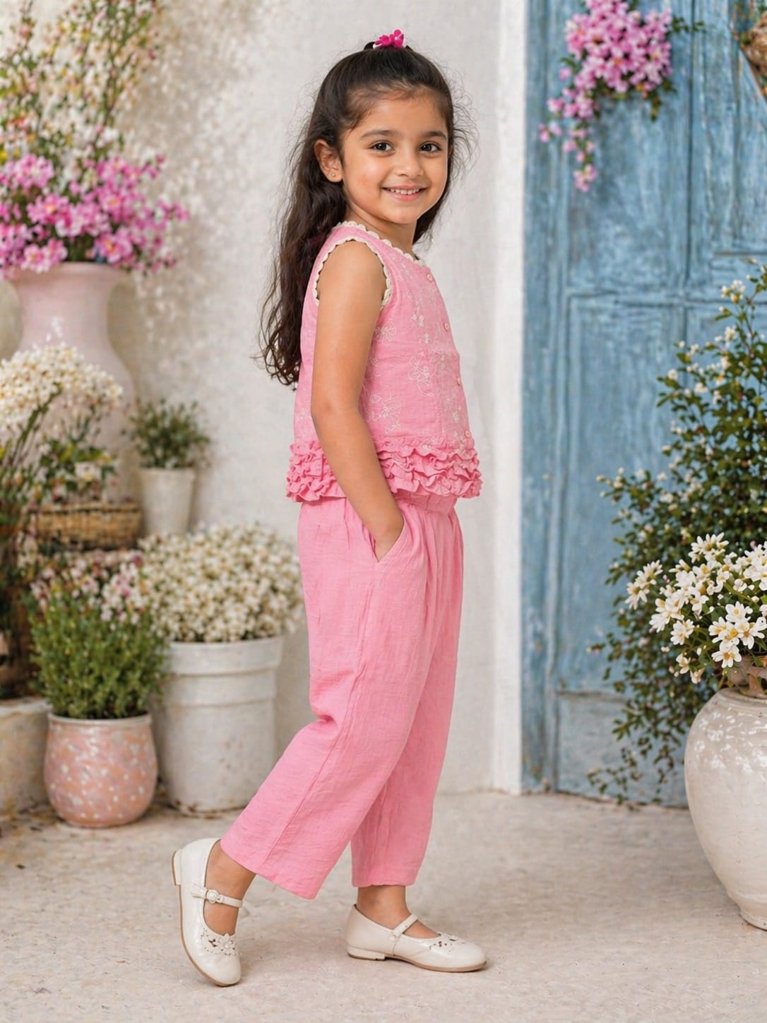 Pink Peony Embroidered Summer Set