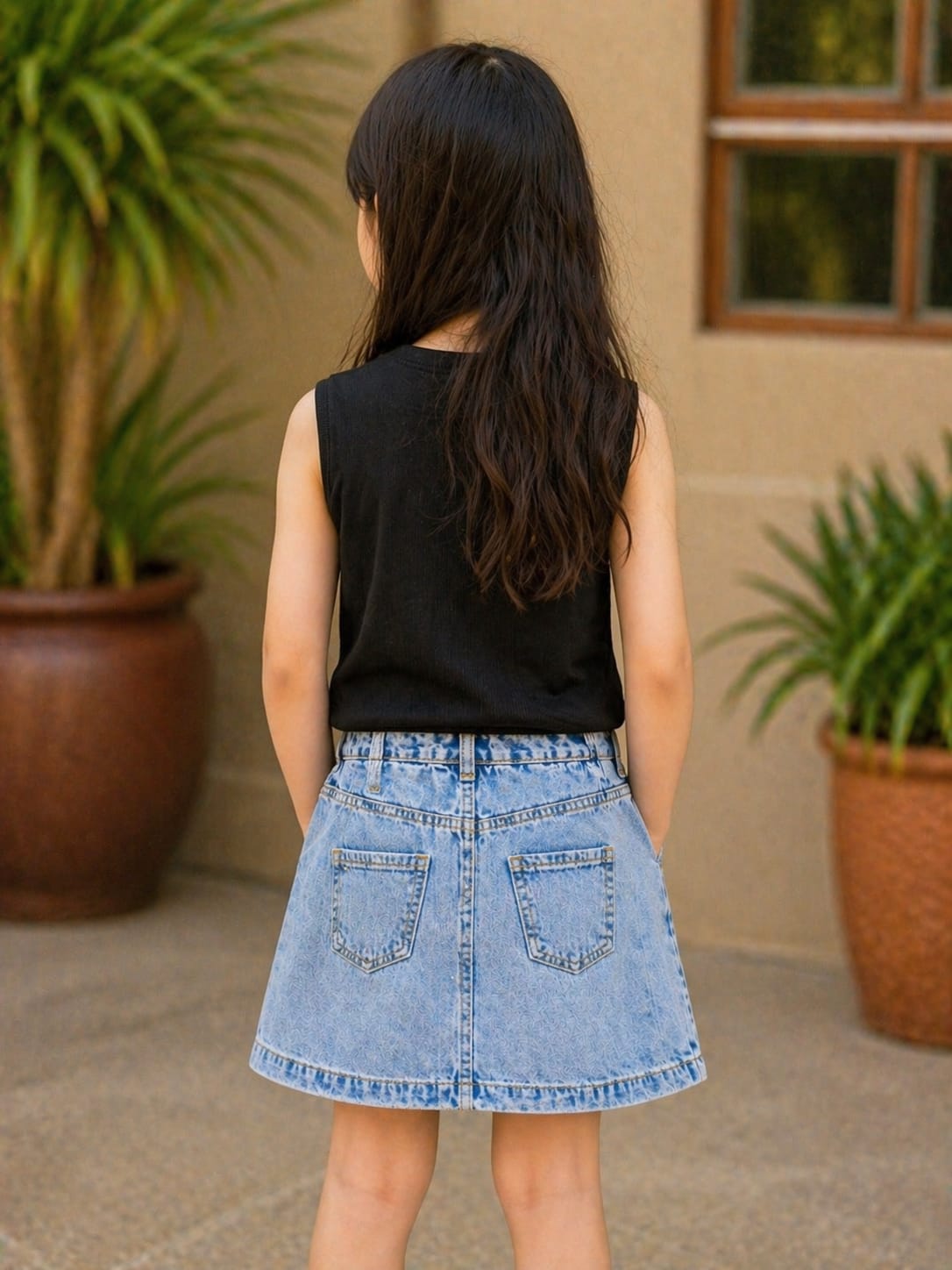 Midnight Pop: Girls’ Black Multi-Pocket Utility Tee