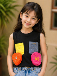 Midnight Pop: Girls’ Black Multi-Pocket Utility Tee