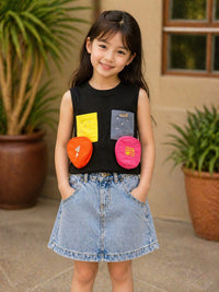 Midnight Pop: Girls’ Black Multi-Pocket Utility Tee