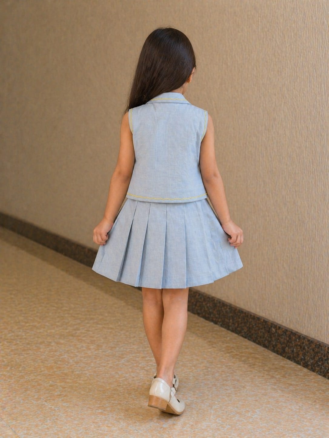 Sky Blue Serenity: Embroidered Vest & Pleated Skirt Set