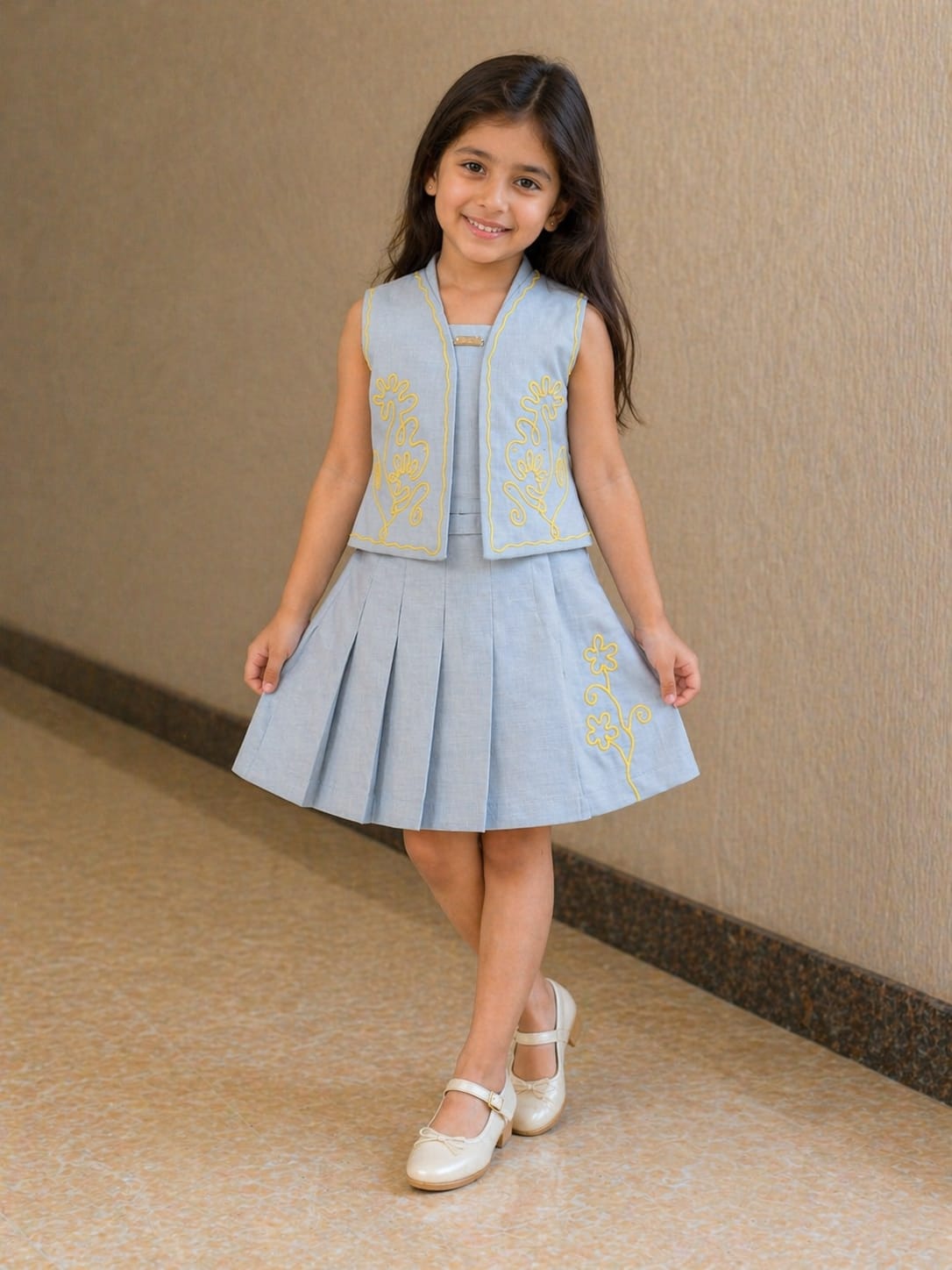 Sky Blue Serenity: Embroidered Vest & Pleated Skirt Set