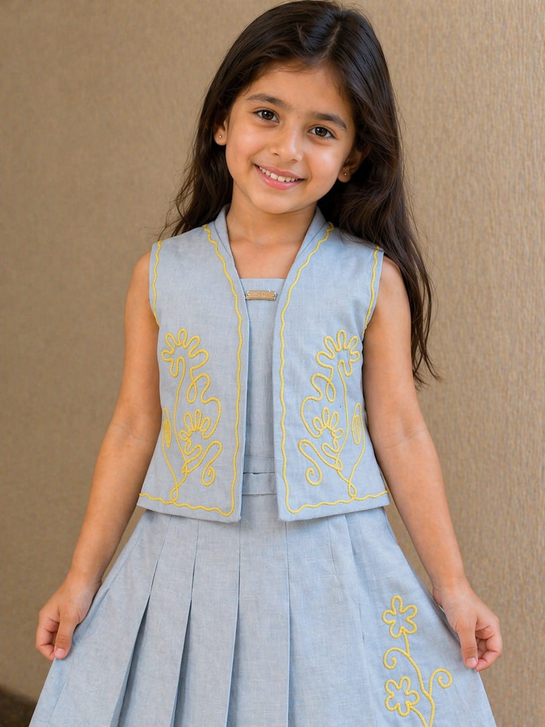 Sky Blue Serenity: Embroidered Vest & Pleated Skirt Set