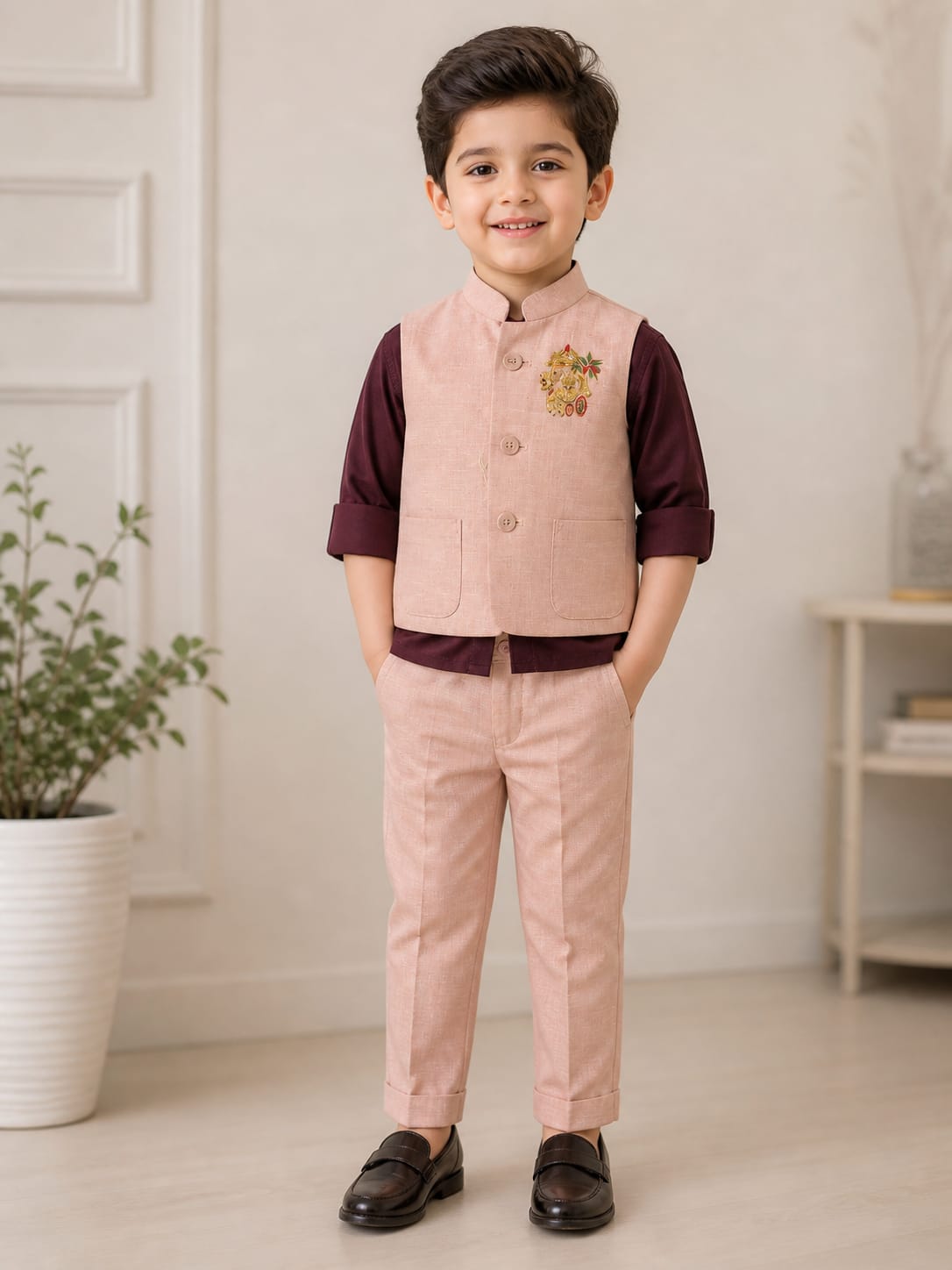 Premium Textured Waistcoat & Trouser Set - Dusty Rose
