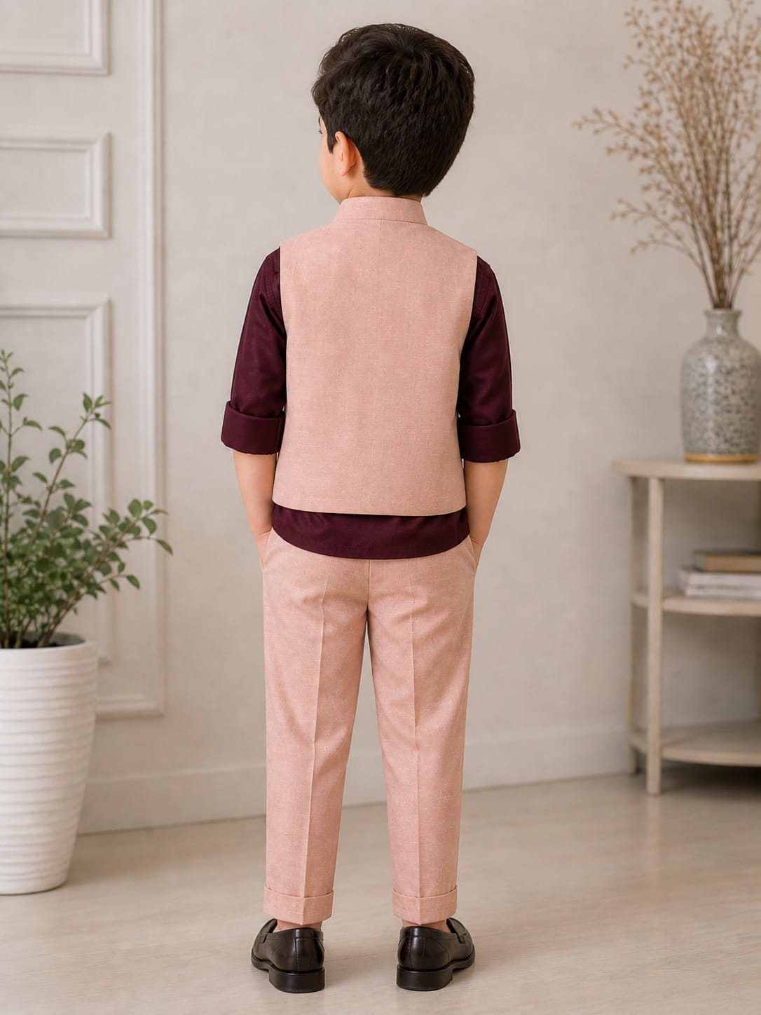 Premium Textured Waistcoat & Trouser Set - Dusty Rose