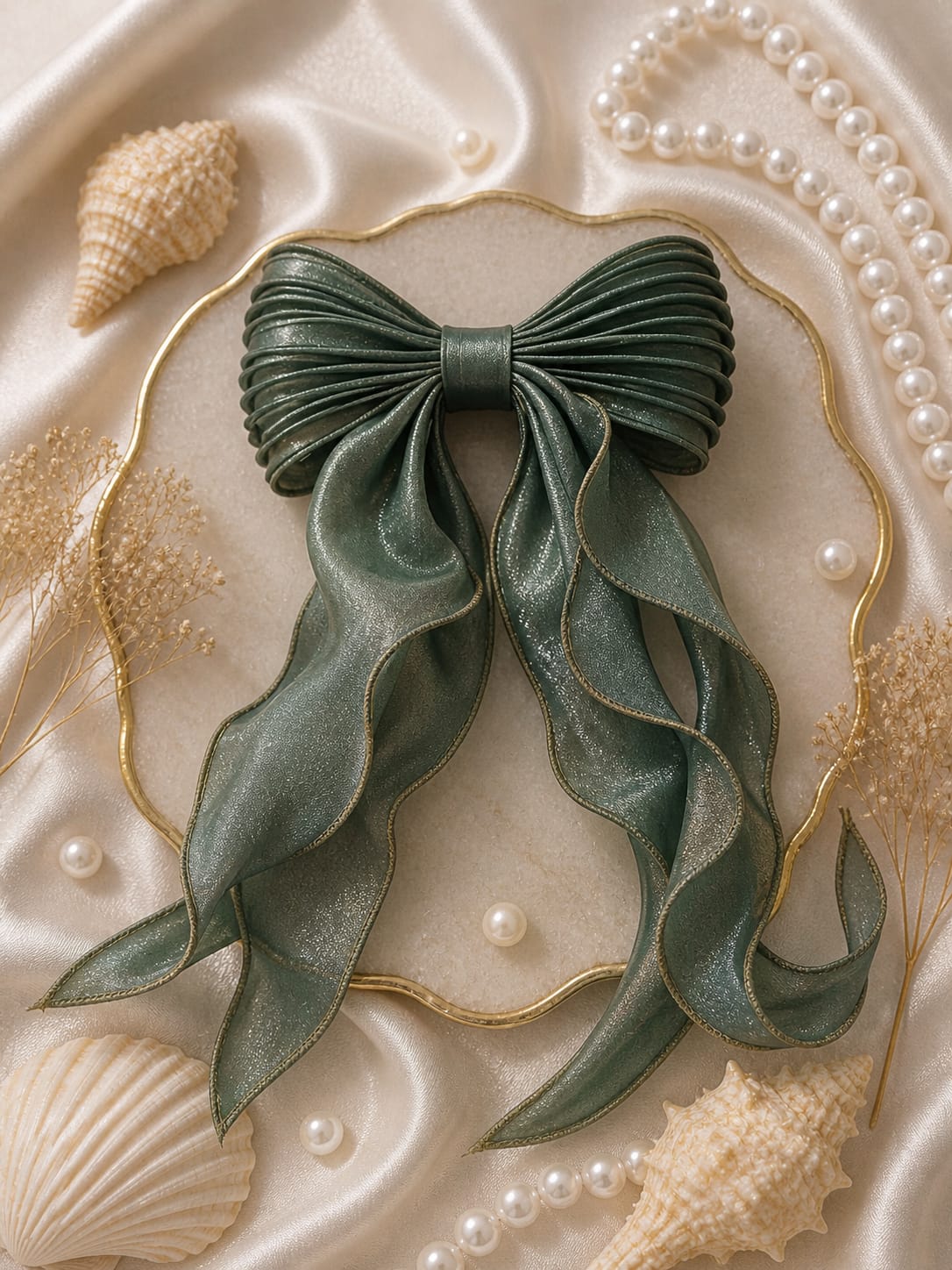 Frilled Sage Green Hair Bow