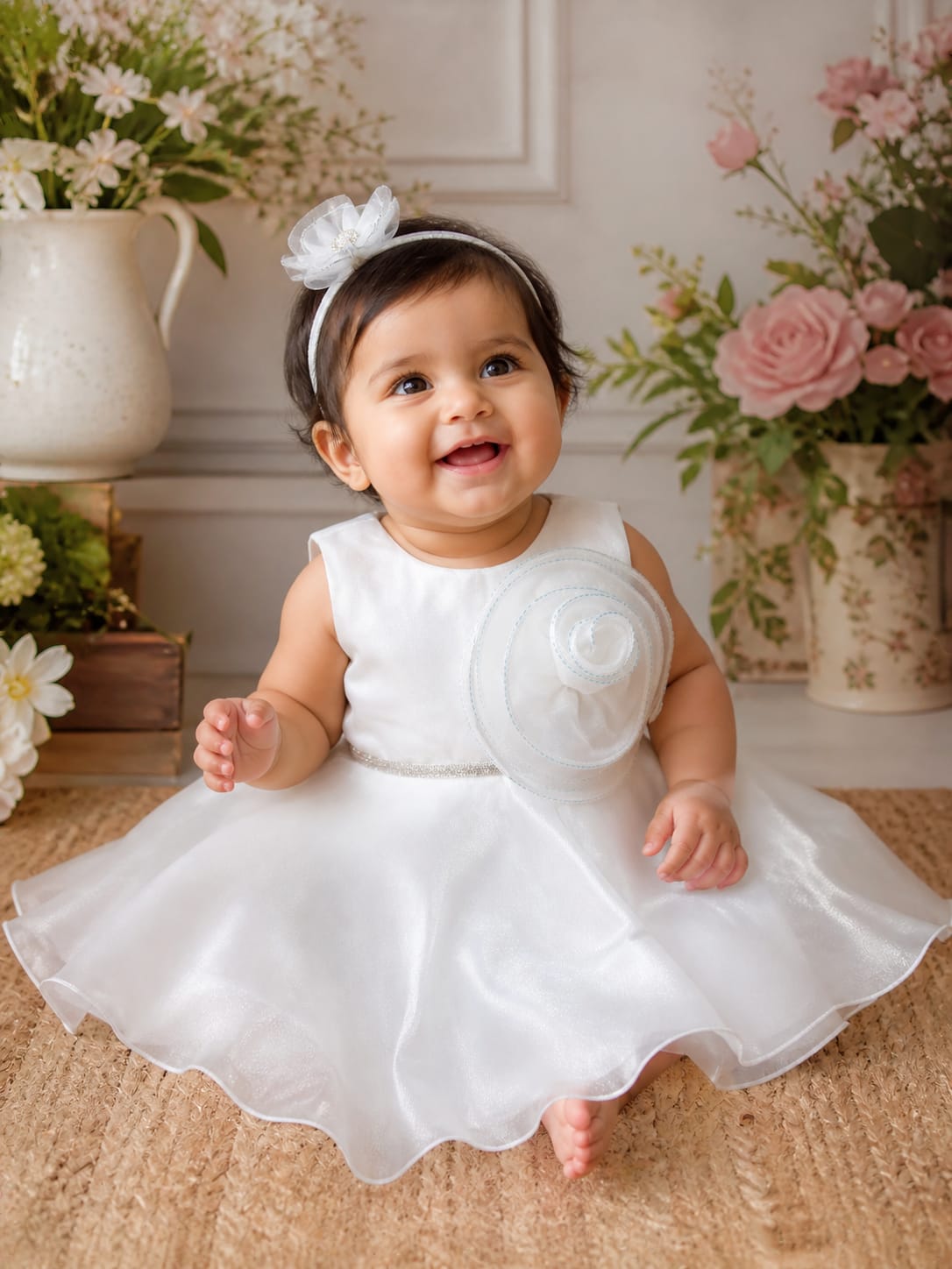 Girls’ Rose Petal White Party Dress – Sculptural Organza Floral Frock