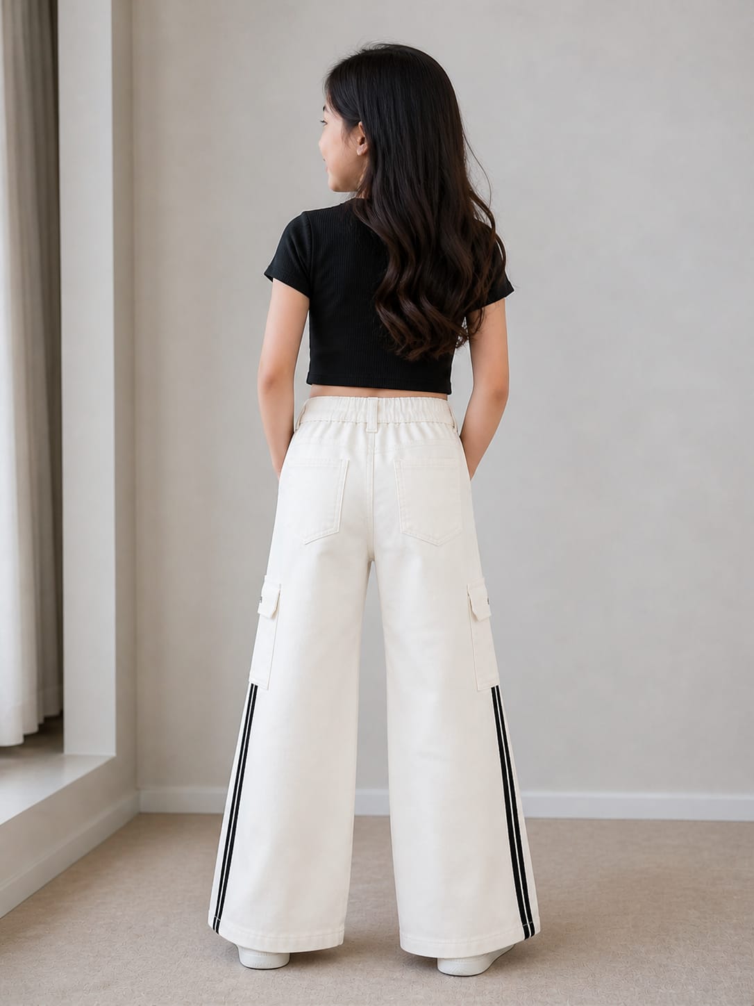 Girls Off-White Wide-Leg with Black Side Stripe Jeans