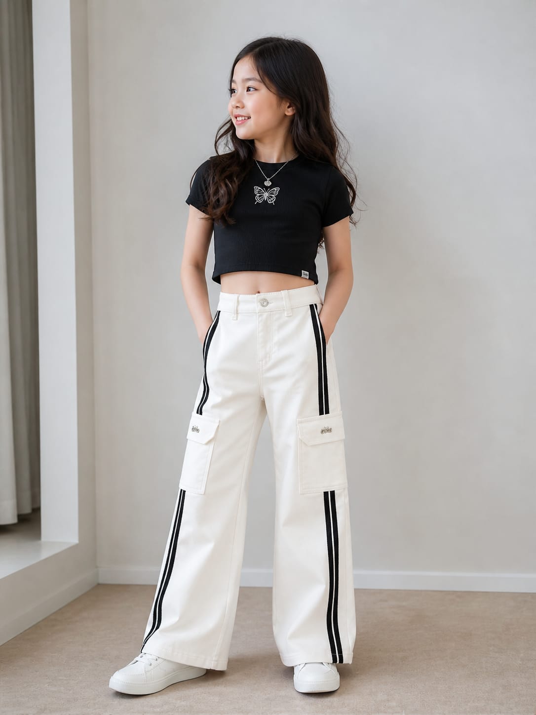 Girls Off-White Wide-Leg with Black Side Stripe Jeans