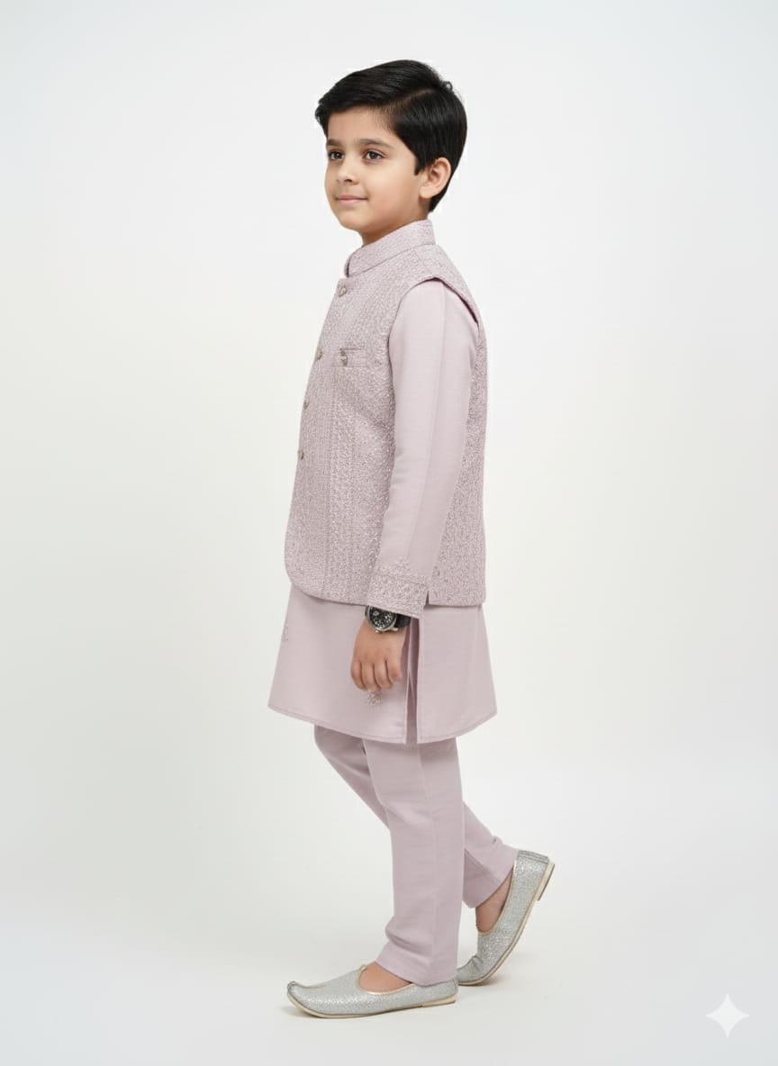 Boys' Elegant Mauve Kurta Pajama & Embroidered Jacket Set