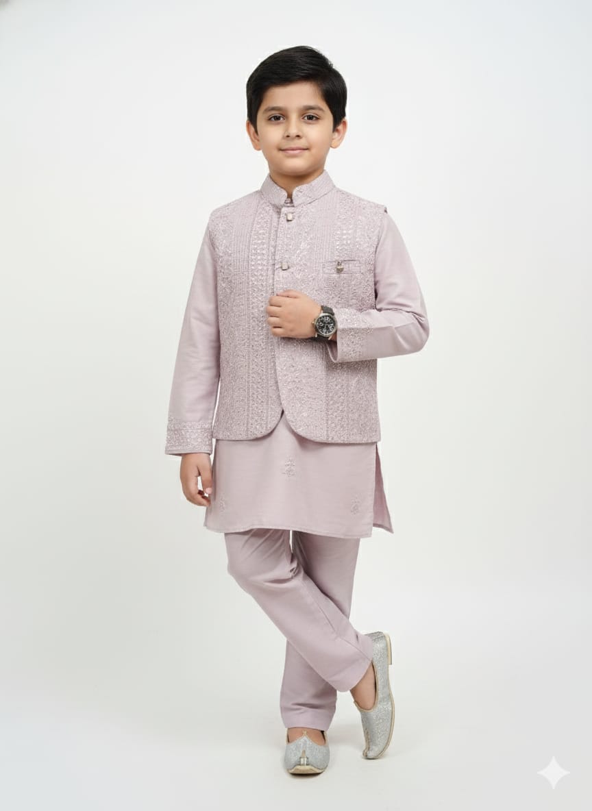 Boys' Elegant Mauve Kurta Pajama & Embroidered Jacket Set