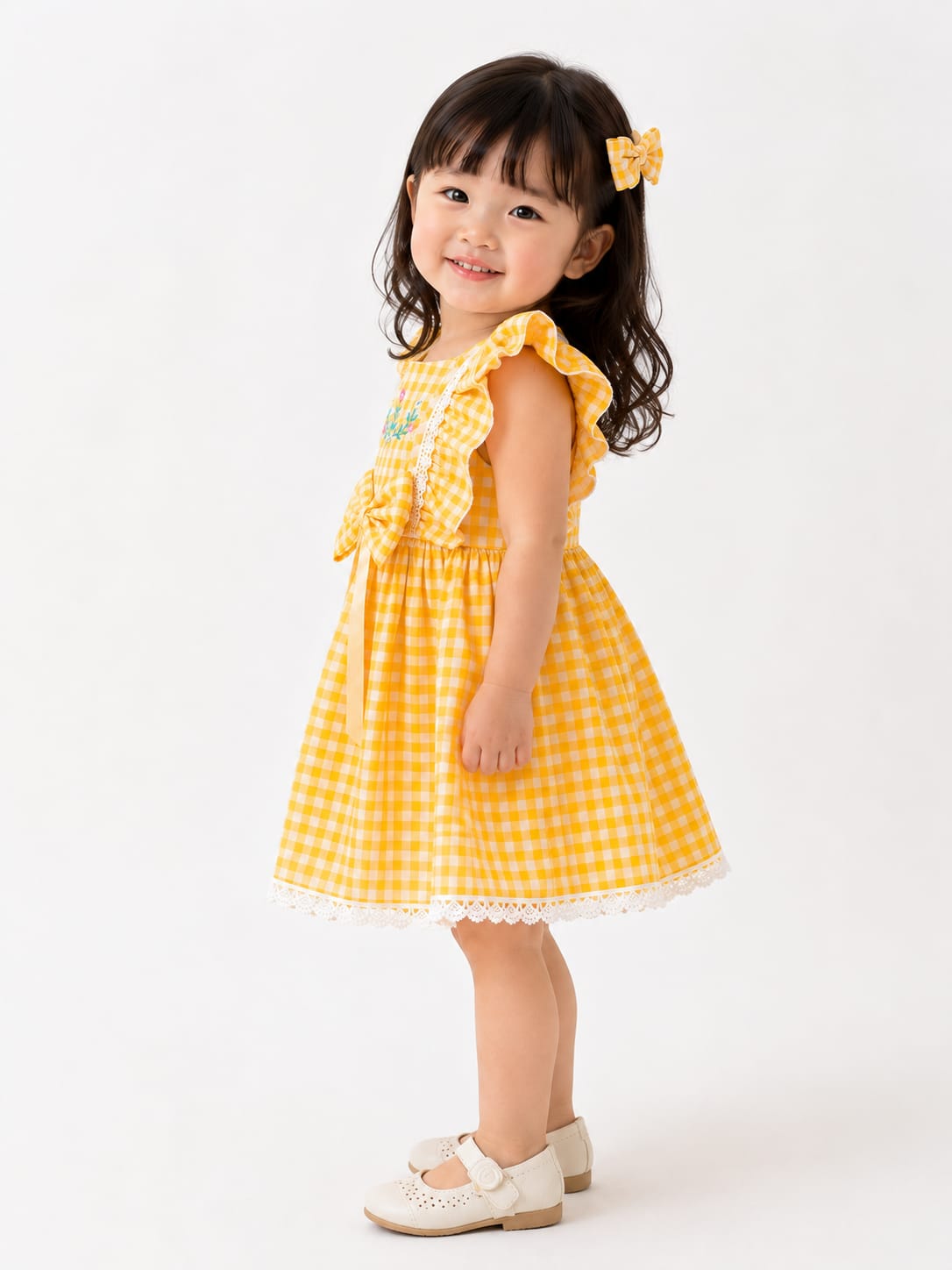 Girls' Sunny Yellow Gingham Ruffled Frock