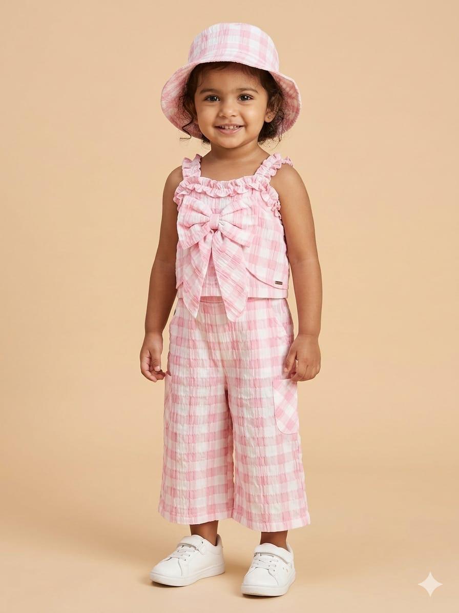 Toddler Girl's 3-Piece Pink Gingham Top, Palazzo, and Bucket Hat Co-ord Set