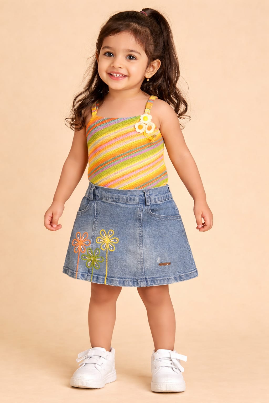 Toddler Girls' Multi-Color Striped Camisole & Floral Denim Skirt Set