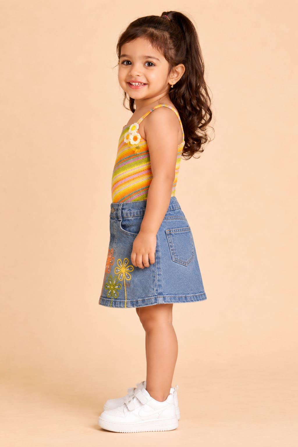 Toddler Girls' Multi-Color Striped Camisole & Floral Denim Skirt Set