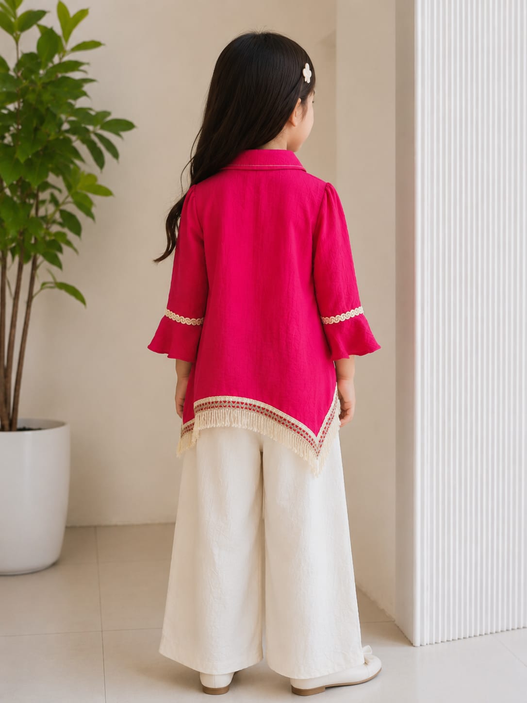 Girls' Indo-Western Fringe-Trimmed Palazzo Set