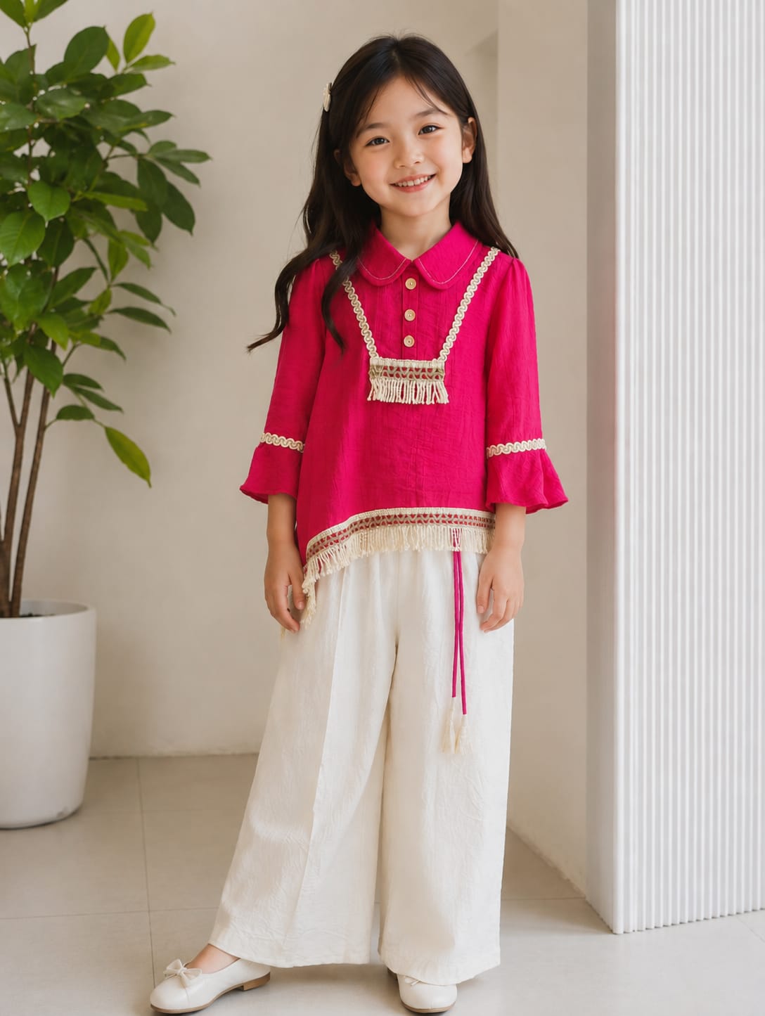 Girls' Indo-Western Fringe-Trimmed Palazzo Set