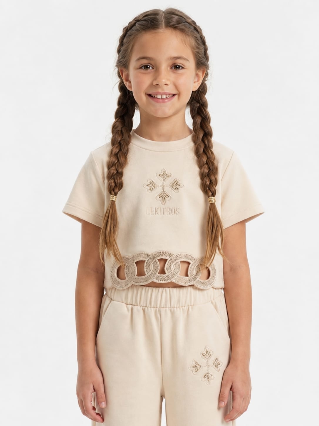 Girl's Solid Beige Cut-Out Crop Top and Wide-Leg Tracksuit Set