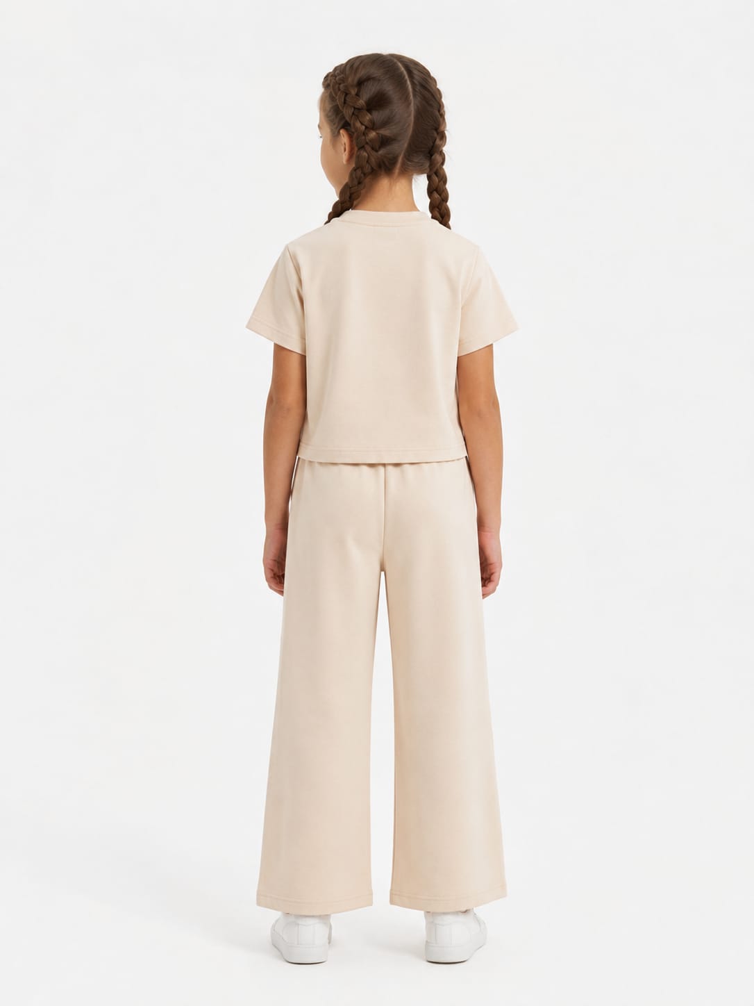 Girl's Solid Beige Cut-Out Crop Top and Wide-Leg Tracksuit Set