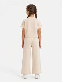 Girl's Solid Beige Cut-Out Crop Top and Wide-Leg Tracksuit Set