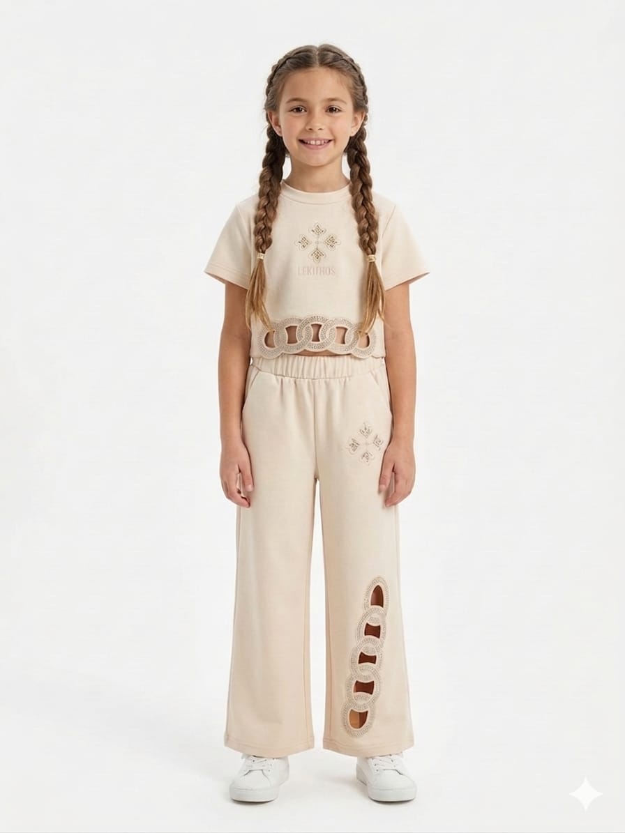 Girl's Solid Beige Cut-Out Crop Top and Wide-Leg Tracksuit Set