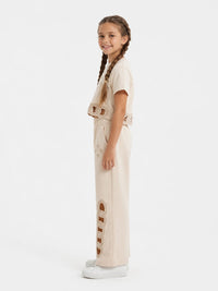 Girl's Solid Beige Cut-Out Crop Top and Wide-Leg Tracksuit Set