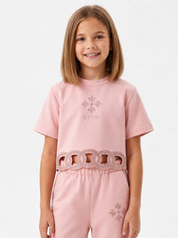 Girl's Dusty Pink Cut-Out Crop Top and Wide-Leg Tracksuit Set