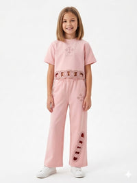 Girl's Dusty Pink Cut-Out Crop Top and Wide-Leg Tracksuit Set