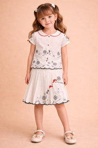 Girls' Vintage-Inspired Embroidered Peter Pan Collar Skirt Set