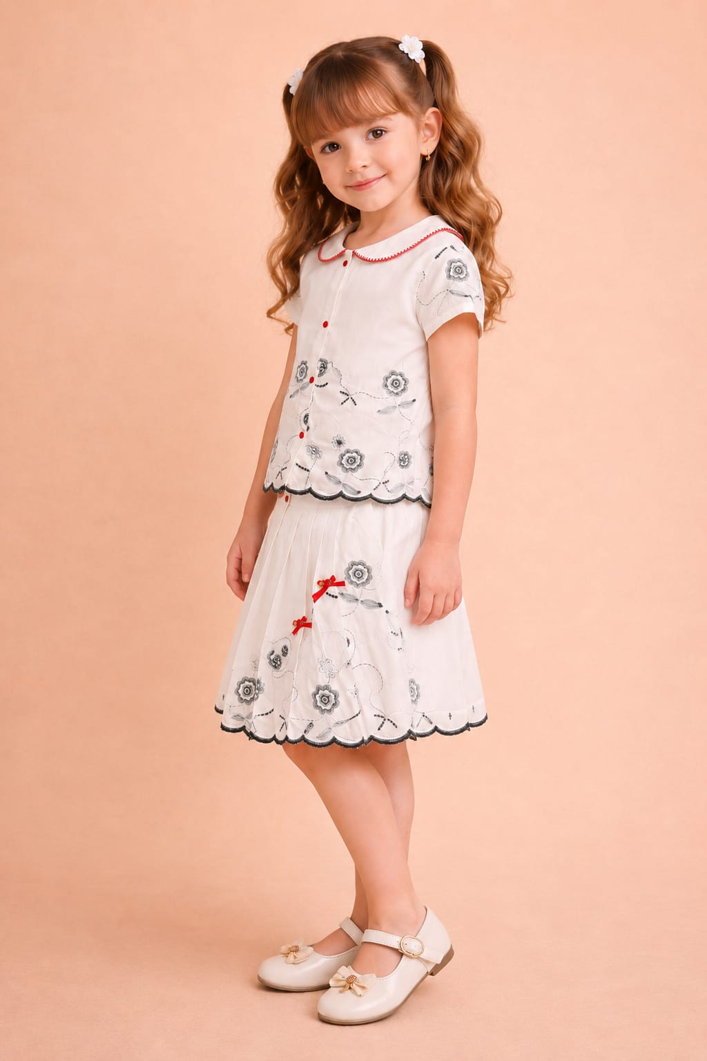 Girls' Vintage-Inspired Embroidered Peter Pan Collar Skirt Set