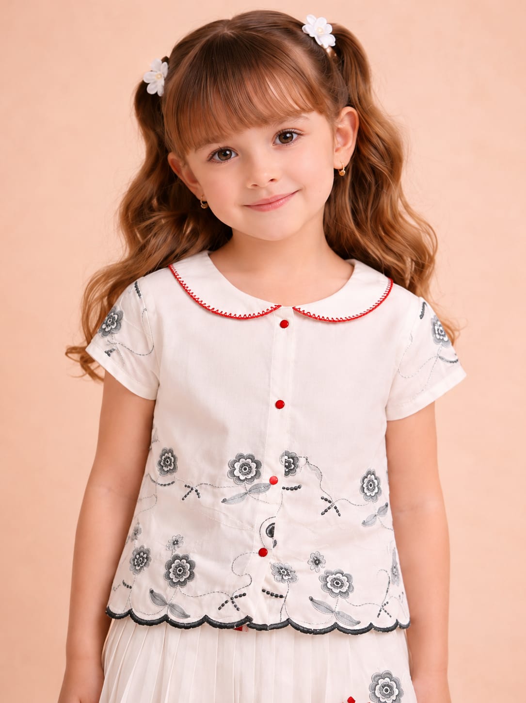 Girls' Vintage-Inspired Embroidered Peter Pan Collar Skirt Set