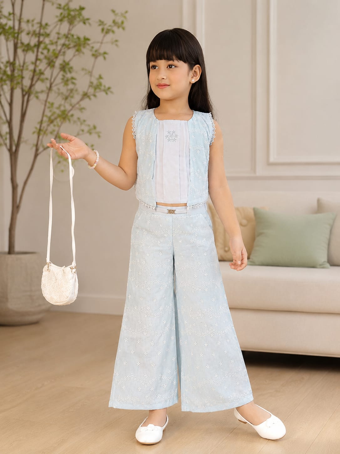 Chic & Breezy: Girls' 3-Piece Embroidered Palazzo & Vest Set