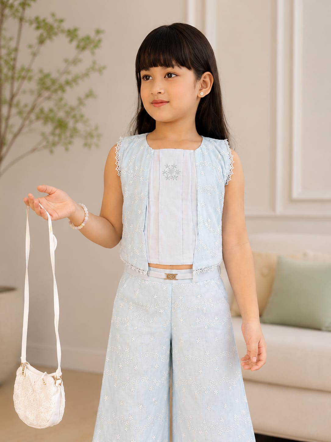 Chic & Breezy: Girls' 3-Piece Embroidered Palazzo & Vest Set