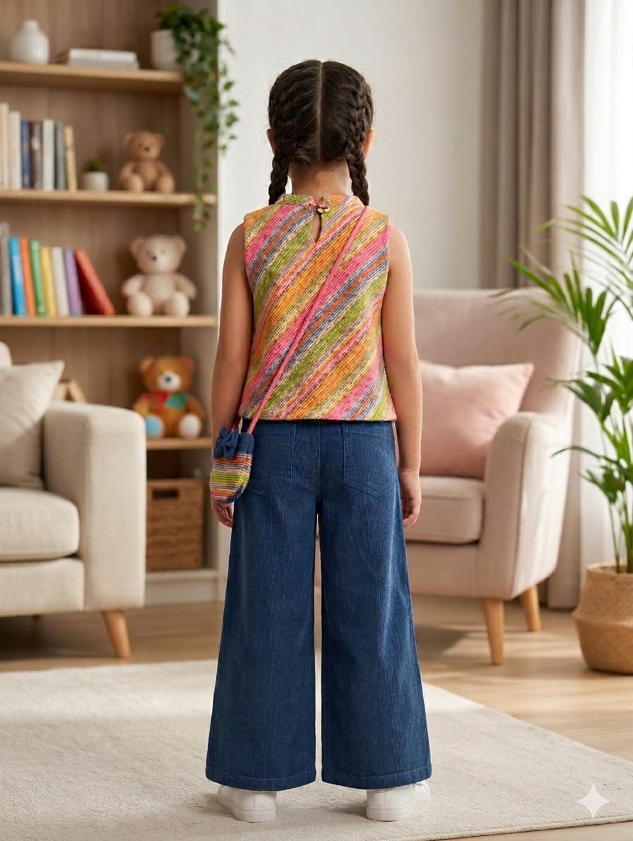 Vibrant Coordinates: Striped Knit Top & Embroidered Corduroy Palazzo Set
