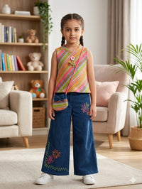 Vibrant Coordinates: Striped Knit Top & Embroidered Corduroy Palazzo Set