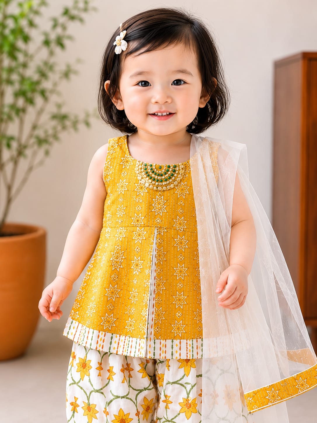 Festive Elegance: Mustard Yellow Embroidered Kurta & Printed Dhoti Pant Set