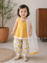Festive Elegance: Mustard Yellow Embroidered Kurta & Printed Dhoti Pant Set