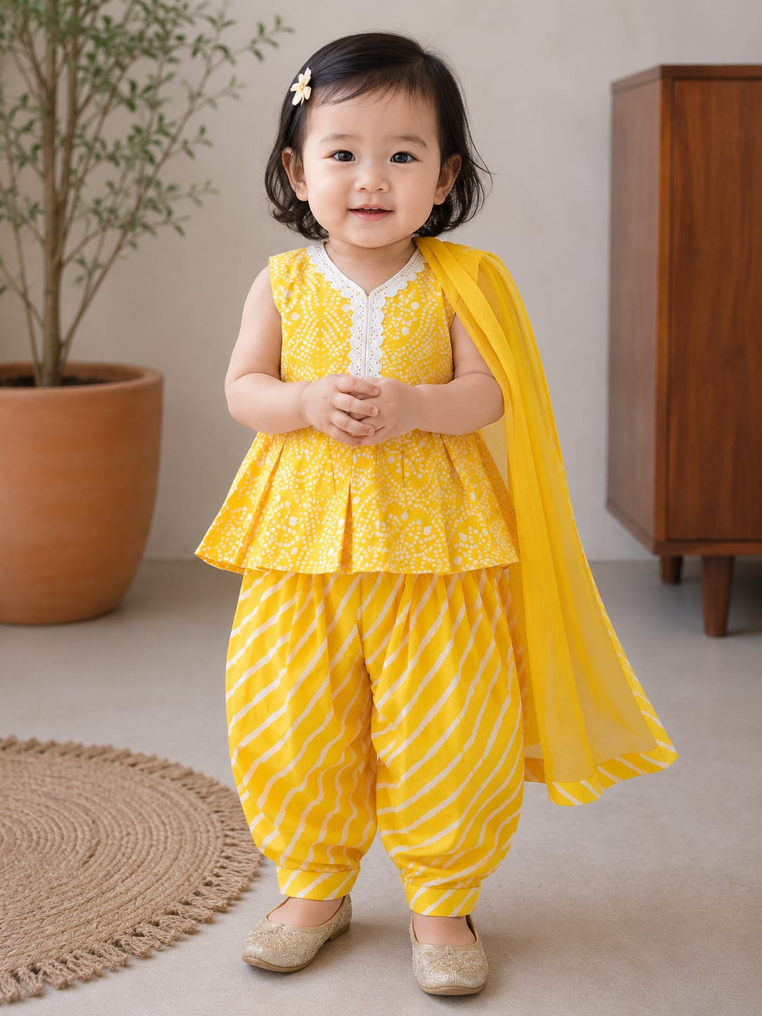 Ethnic Charm: Bright Yellow Bandhani Print Peplum Kurta & Leheriya Dhoti Set