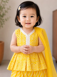 Ethnic Charm: Bright Yellow Bandhani Print Peplum Kurta & Leheriya Dhoti Set