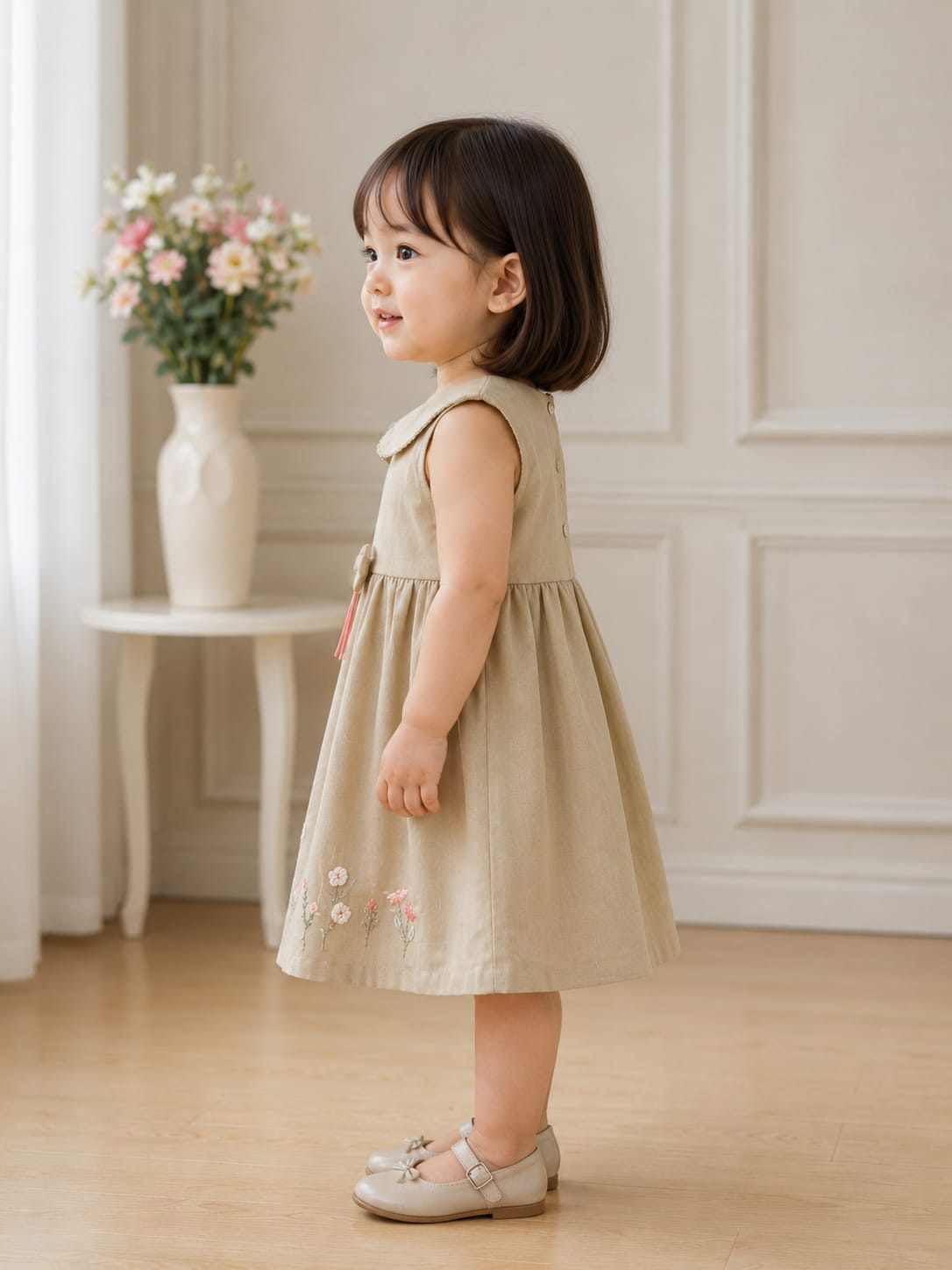 inen Peter Pan Collar Frock with Embroidered Hem