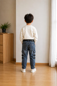 Boys' Acid Wash Multi-Pocket Cargo Jeans with Integrated Belt