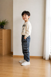 Boys' Acid Wash Multi-Pocket Cargo Jeans with Integrated Belt