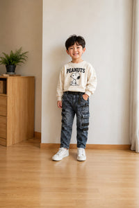 Boys' Acid Wash Multi-Pocket Cargo Jeans with Integrated Belt