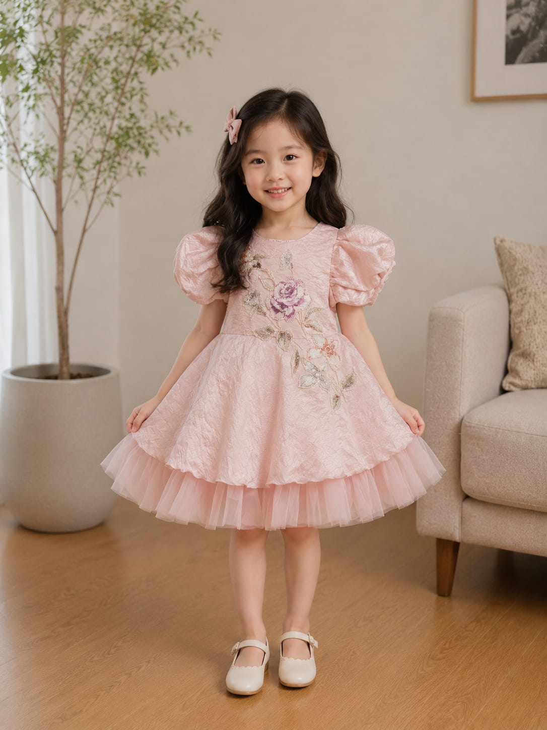 Elegant Rose Embroidered Layered Party Frock