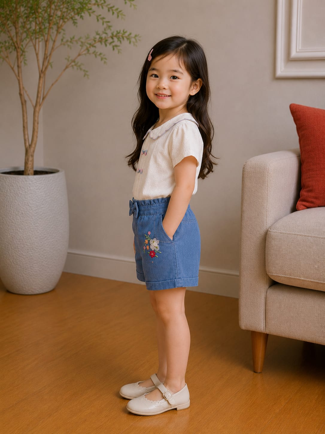 Charming Scalloped Blouse & Embroidered Denim Shorts Set