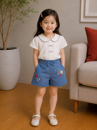 Charming Scalloped Blouse & Embroidered Denim Shorts Set