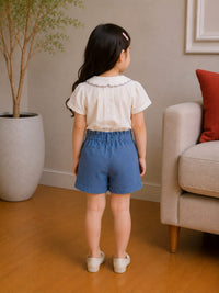 Charming Scalloped Blouse & Embroidered Denim Shorts Set
