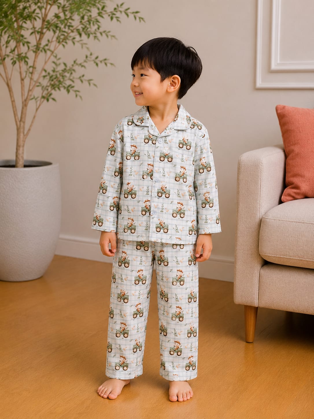 Playful Tractor & Plaid Print Classic Pajama Set