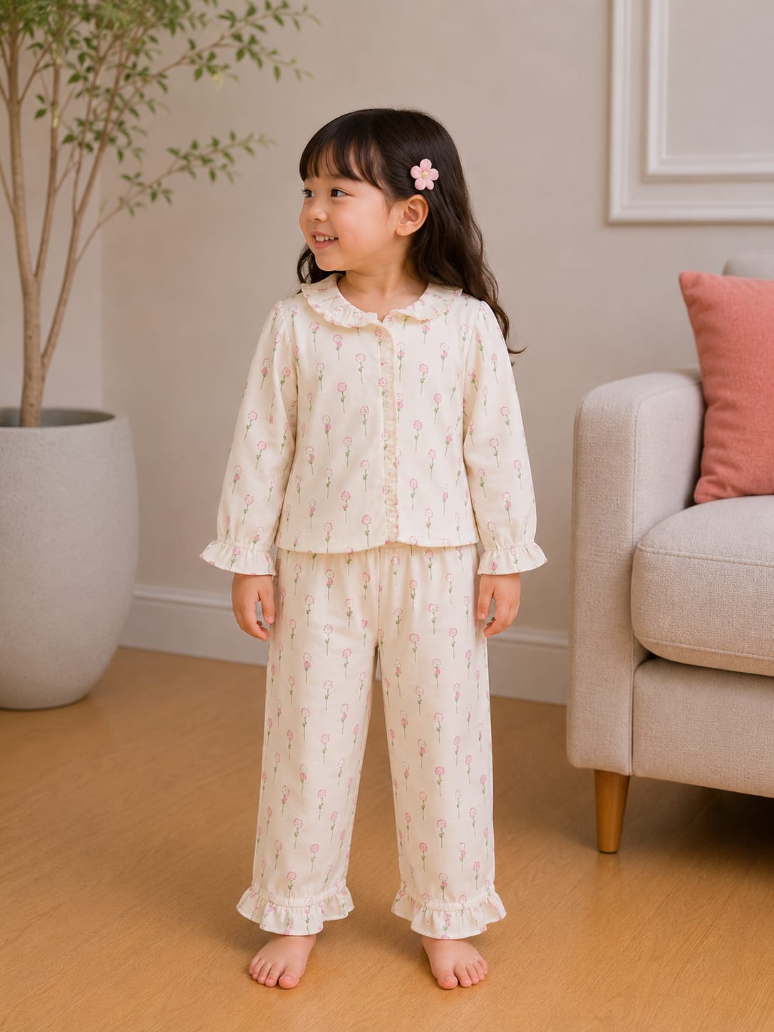 Girls' Floral Ruffle Cotton Pajama Set